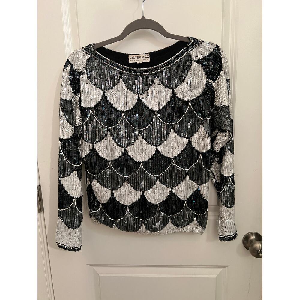 Sister Max Vintage 80s 100% Silk beaded sequined Black &White S Blouse Fairy Top